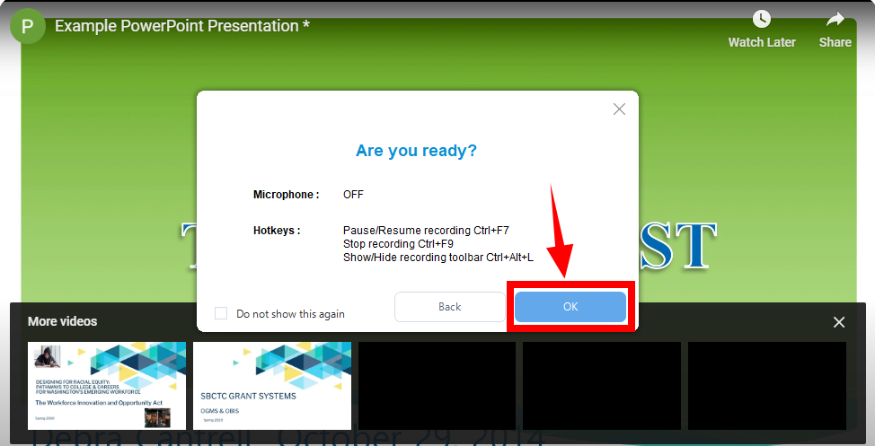 presentation recorder, confirmation prompt