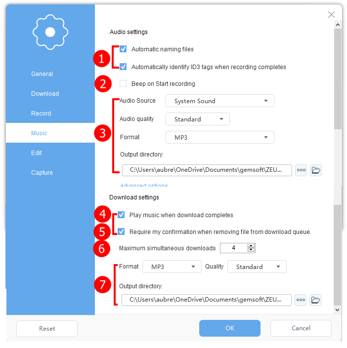 setting configuration, use zeus edit to configure, open music tab