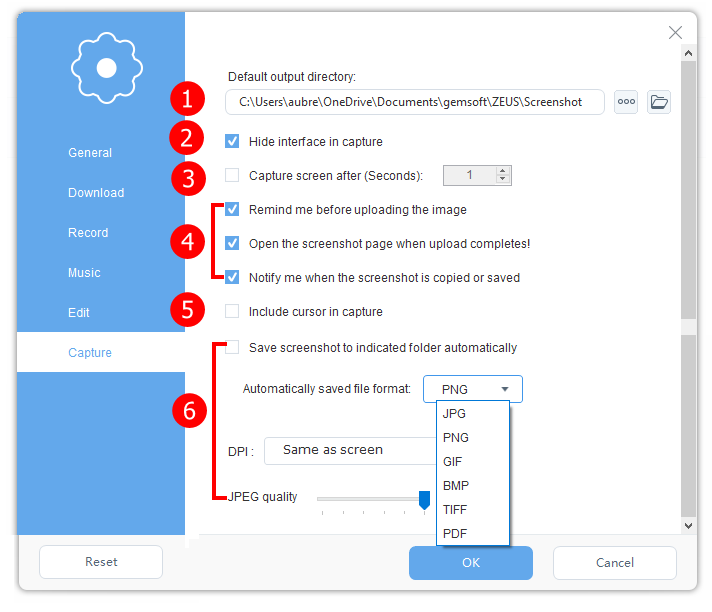 setting configuration, use zeus edit to configure, open capture tab