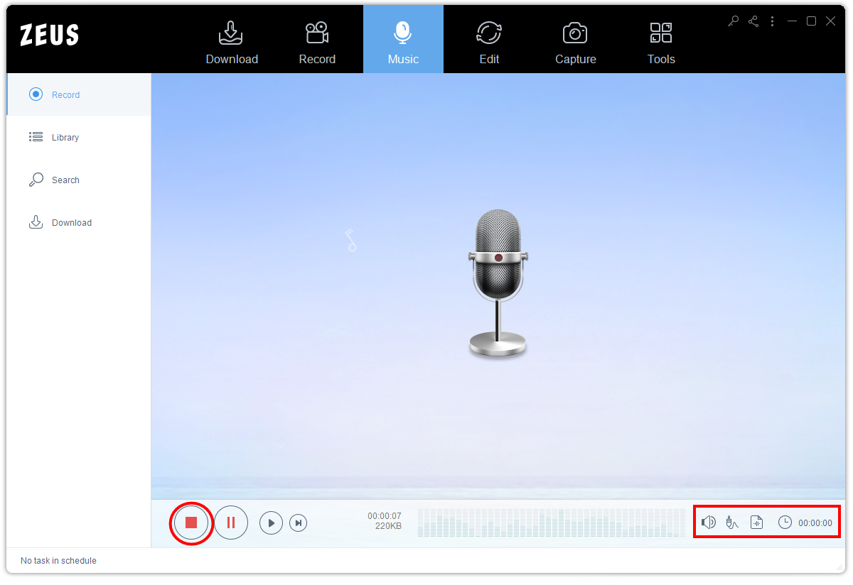 music recording, use zeus record for recording, end button