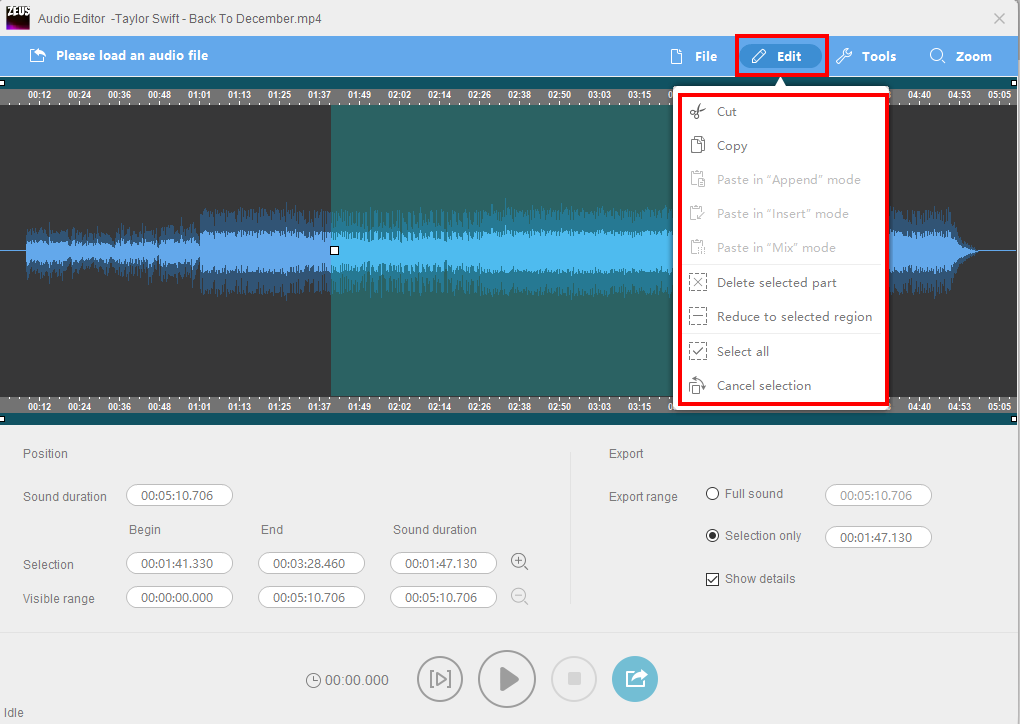 use voice editing tools, zeus music edition to use in editing,cut the selected range