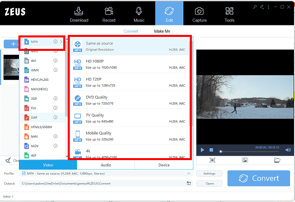 convert MOV video, using zeus edit,changing to mp4 format