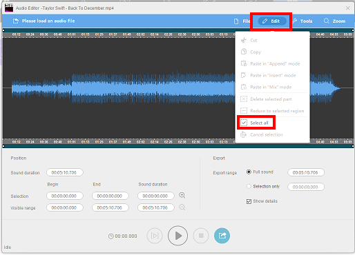 use voice editing tools, zeus music edition to use in editing, selecting range to cut