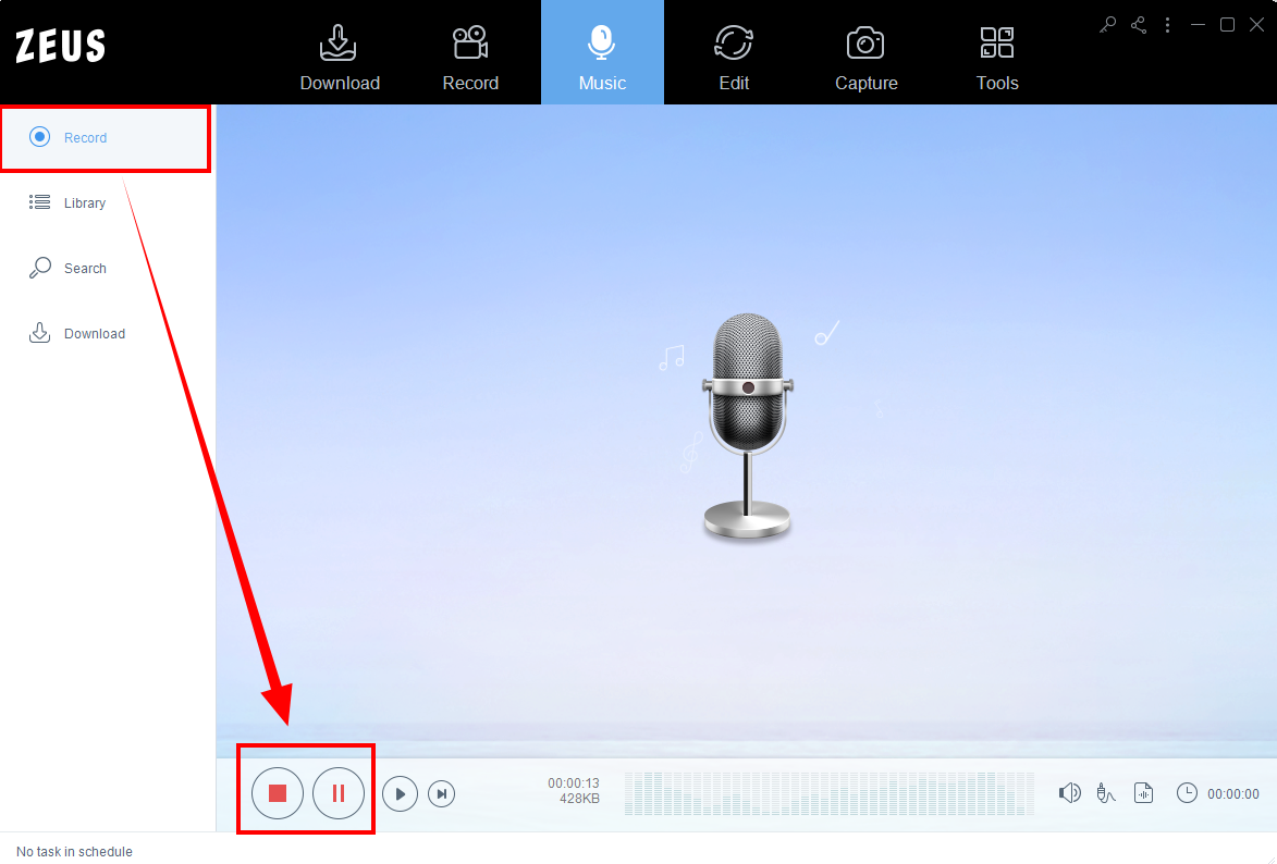 zeus recording, stop or pause recording