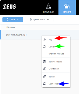 record web video using zeus, zeus record range selection, save recording