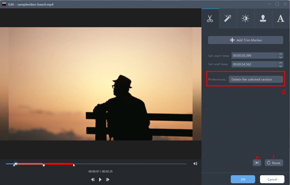 editing function, use zues edit in conversion, delete selected part