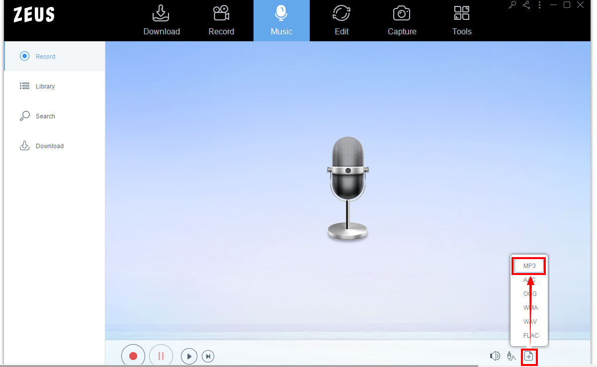 zeus record, choose mp3 format