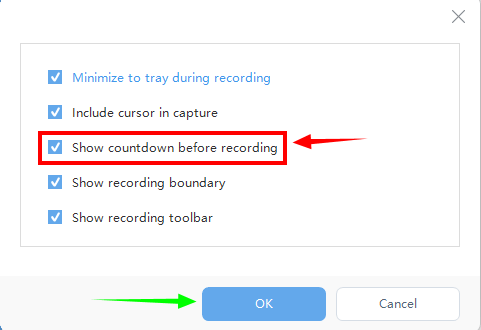 display/hide the countdown at the start of recording, zeus record to show countdown on recording, set countdown display