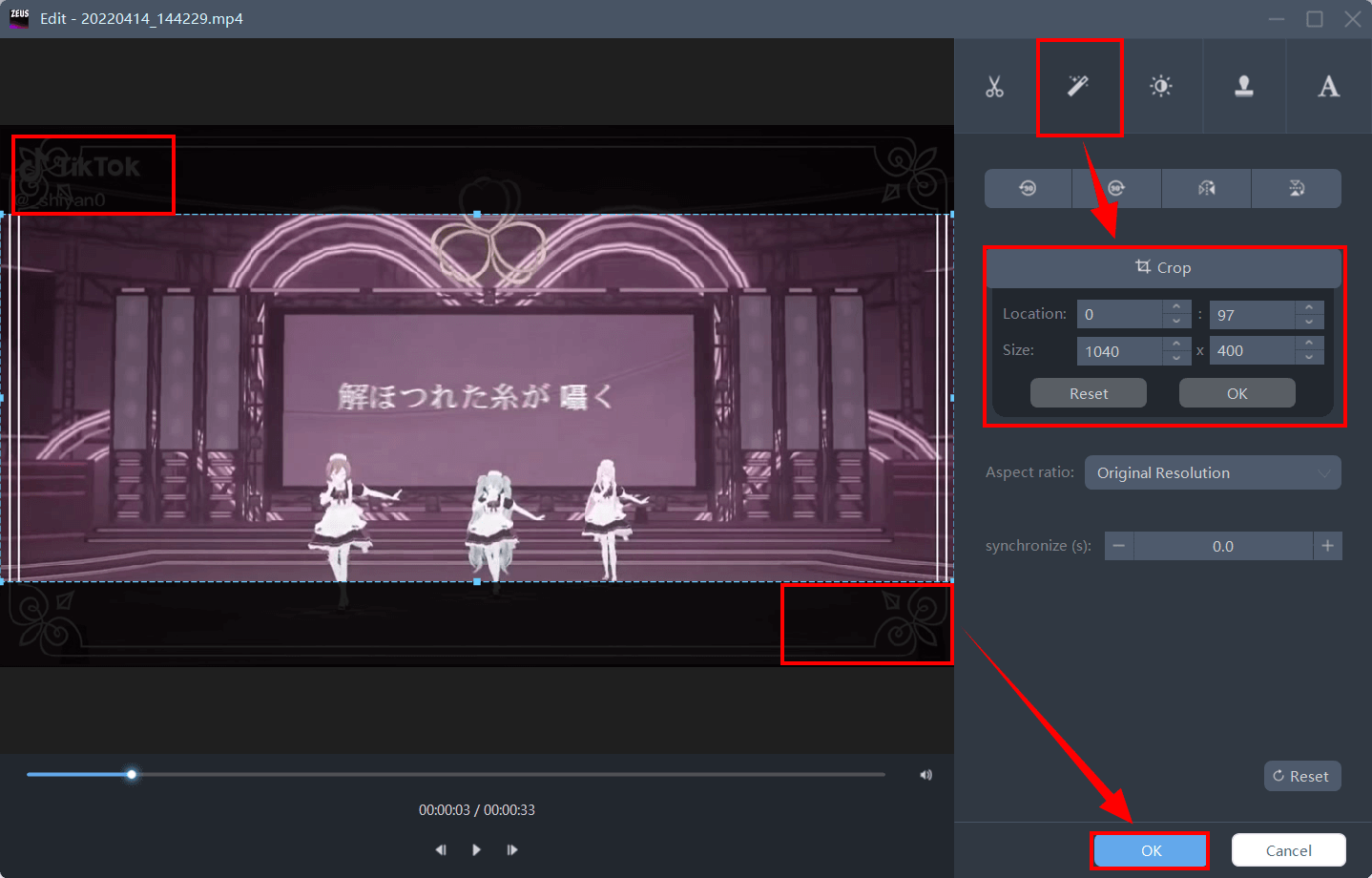 zeus video editor window, video cropping