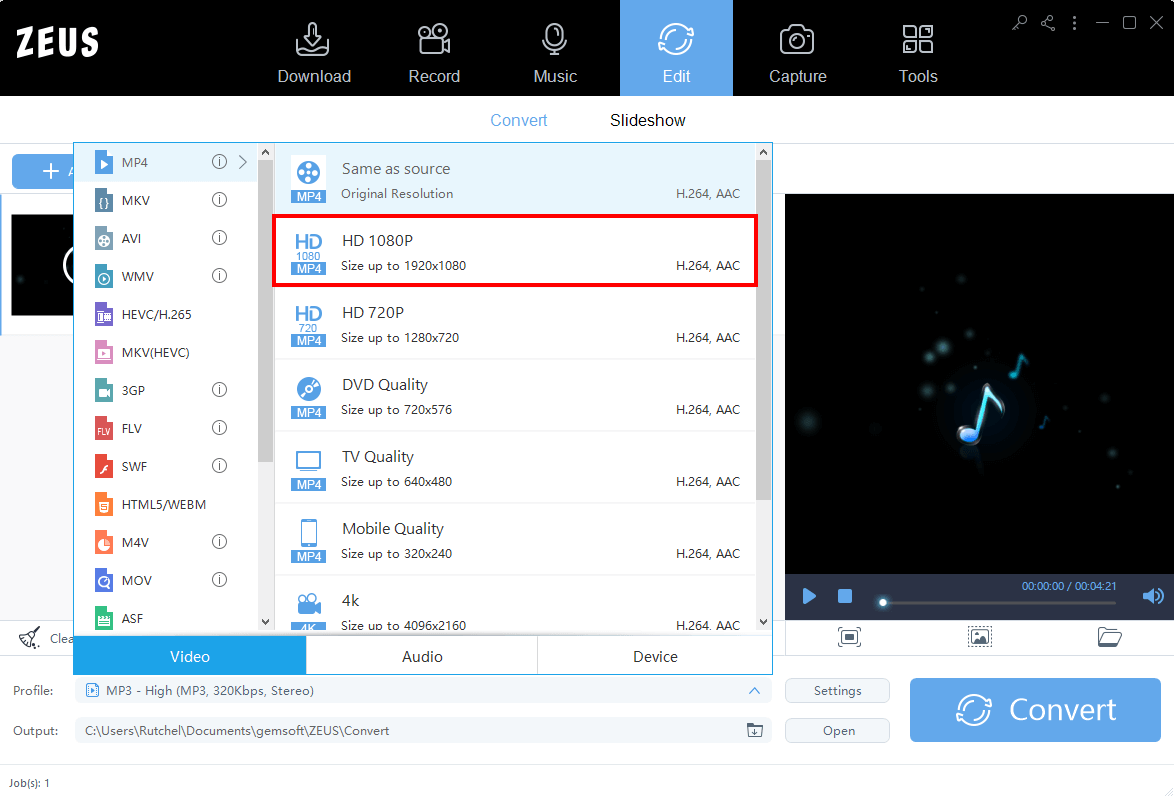 using zeus edit to convert music, selecting resolution