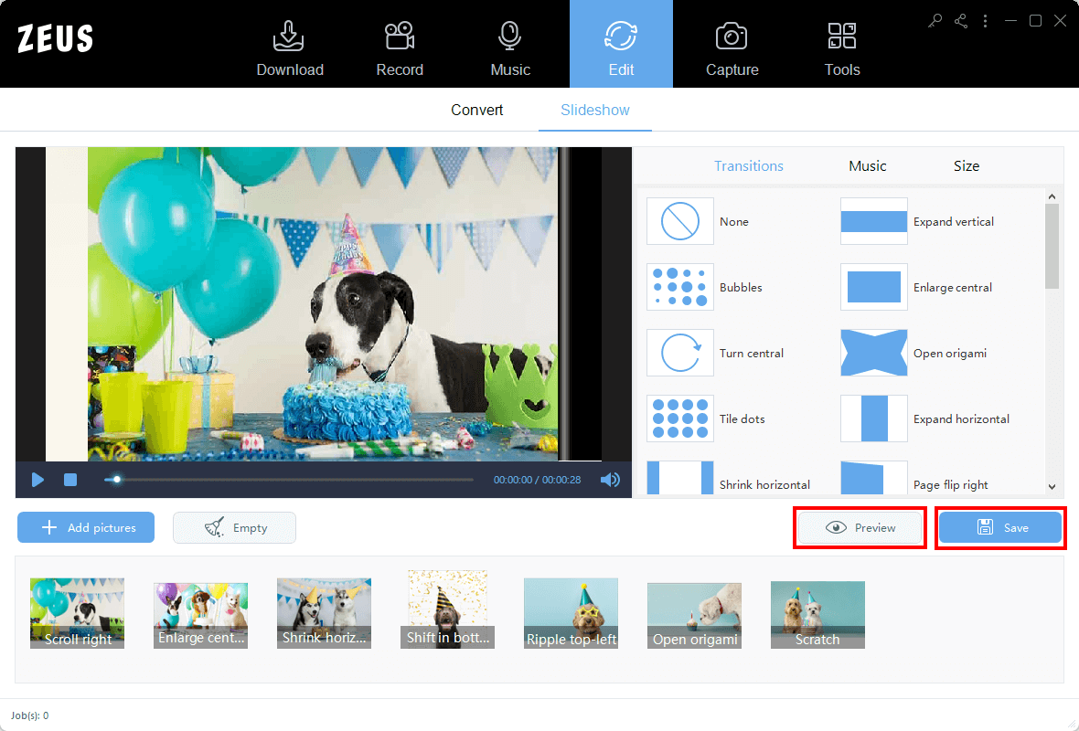 create slideshow instantly, preview and save slideshow