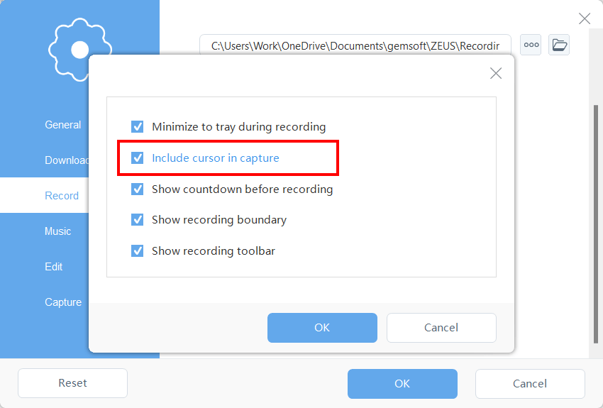 recourd mouse sursor, do not include mouse cursor when recording, select recording