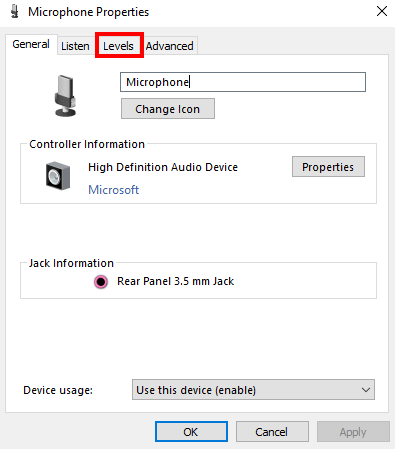broken microphone sound input, adjust microphone volume, open levels tab