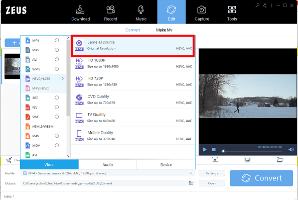 convert MOV video, using zeus edit, selecting quality