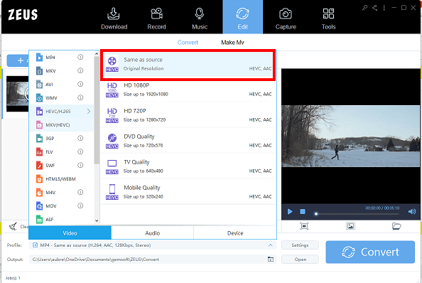 compress video file, save video file using zeus, appropriate profile format