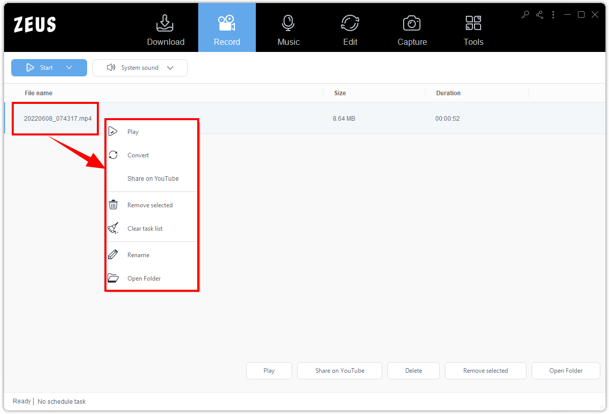 save music, opening folder of your recorded file