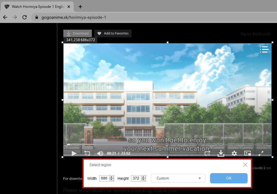 downloading anime videos, customize specified area